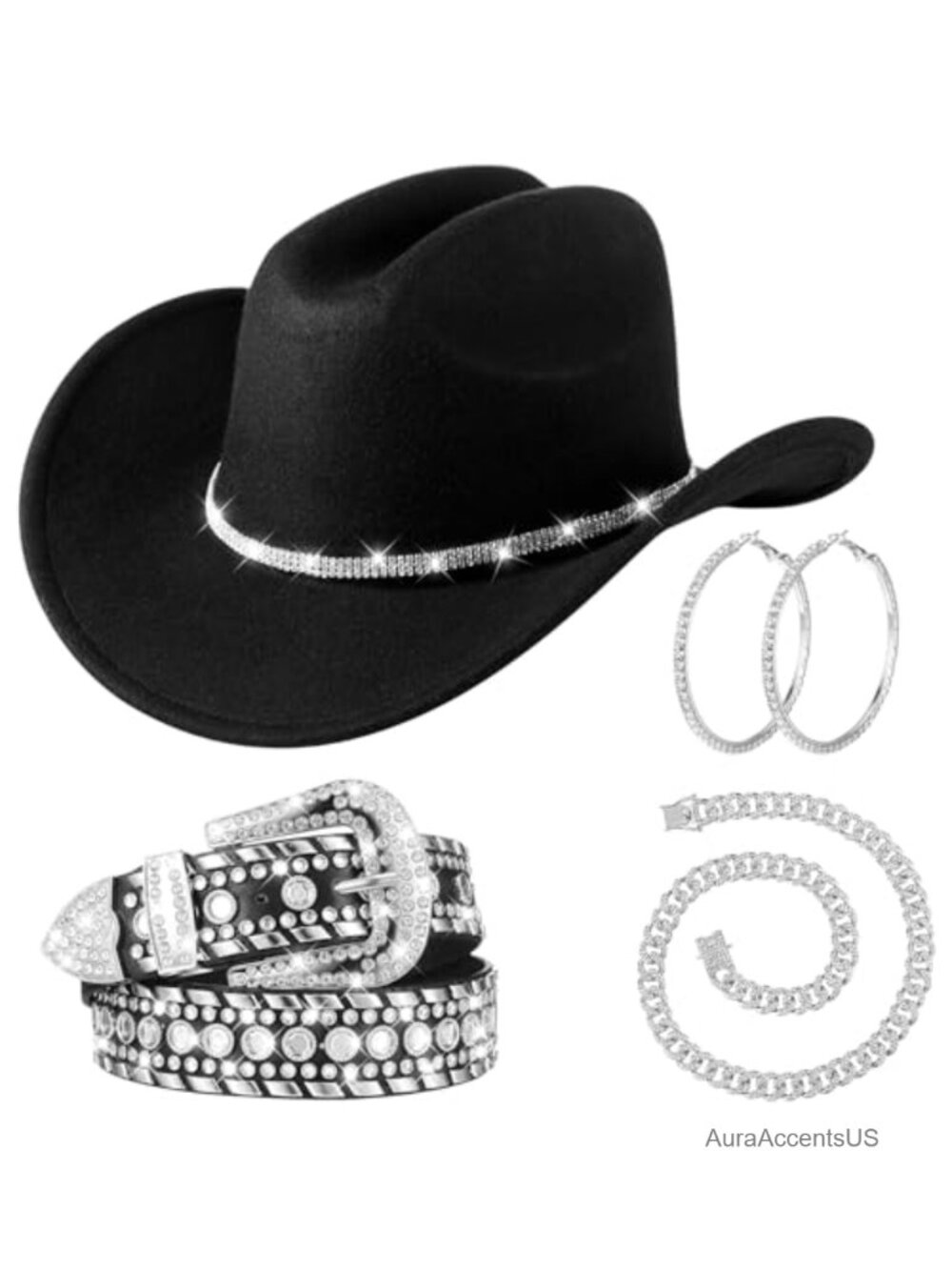 Rhinestone Cowboy Hat Belt Earring Necklace Set Western Party Accessories
